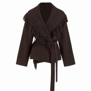 Fringed Brown Wrap Sweater